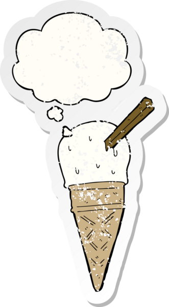 Düşünce baloncuklu çizgi film dondurması insan tarafından çizilmiş yıpranmış bir çıkartma gibi.