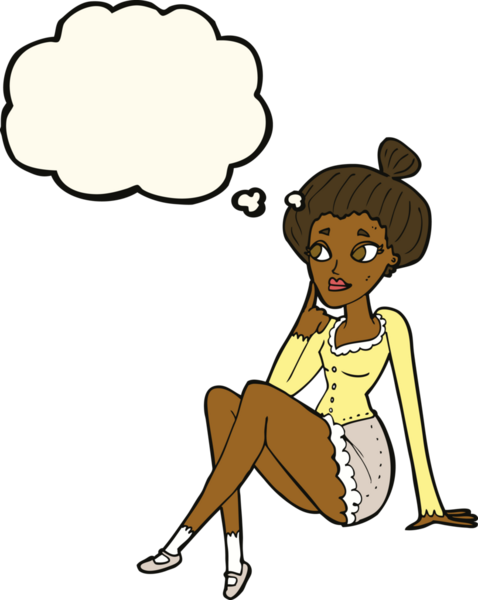 Bir insan tarafından çizilmiş düşünce balonuyla oturan çekici bir kadın.