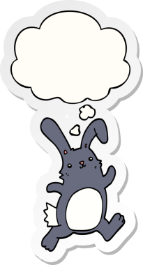 Düşünce baloncuğuyla koşan çizgi film tavşanı insan tarafından çizilmiş bir çıkartma gibi.