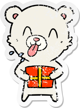 Kaba bir karikatür kutup ayısının sıkıntılı çıkartması bir insan tarafından çizilmiş bir hediyeyle dillerini dışarı çıkarıyor.