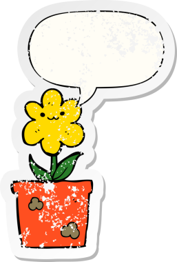 Konuşma baloncuğu olan karikatür evi bitkisi bir insan tarafından çizilmiş sıkıntılı eski bir çıkartma