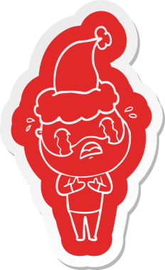 Bir insan tarafından çizilmiş Noel Baba şapkasıyla ağlayan sakallı bir adamın garip çizgi film çıkartması.