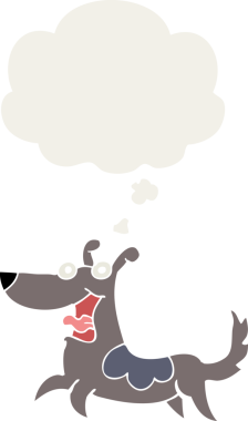 Düşünce baloncuğu olan mutlu köpek çizgi filmi bir insan tarafından çizilmiş.