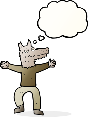 Bir insan tarafından çizilmiş düşünce balonlu bir kurt adam.