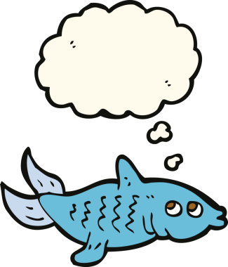 Bir insan tarafından çizilmiş düşünce baloncuklu çizgi film balığı.