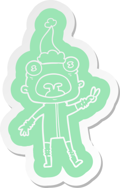 Bir insan tarafından çizilmiş Noel Baba şapkası giyen garip bir uzaylının çizgi film çıkartması.