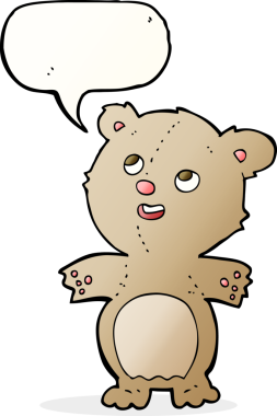 Bir insan tarafından çizilmiş konuşma balonlu küçük mutlu oyuncak ayı.