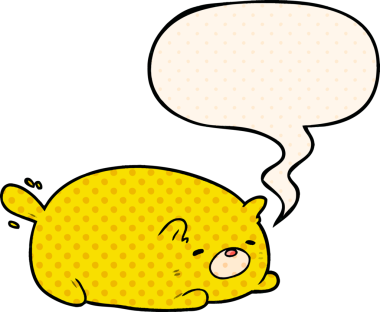 Bir insan tarafından çizilmiş çizgi roman tarzında konuşma balonu olan sevimli bir çizgi film kedisi.