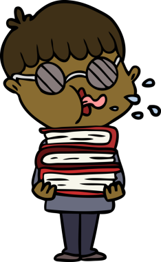 Kara gözlüklü çizgi film çocuğu bir insan tarafından çizilmiş kitapları taşıyor.