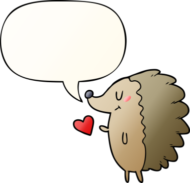 Hoş bir çizgi film kirpisi, konuşma baloncuğu, bir insan tarafından çizilmiş düzgün eğimli bir şekil.