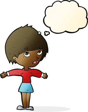 Bir insan tarafından çizilmiş düşünce balonlu açık kollu çizgi film kadını.