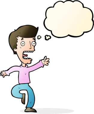 Bir insan tarafından çizilmiş düşünce baloncuğuyla dehşete düşmüş bir adam.