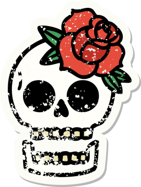 Geleneksel bir kafatası stili ve bir insan tarafından çizilmiş gül dövmesi.