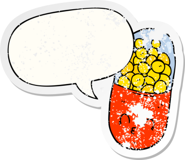 Konuşma baloncuklu çizgi film hapı bir insan tarafından çizilmiş sıkıntılı eski bir çıkartma