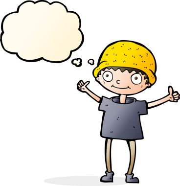 Bir insan tarafından çizilen düşünce baloncuğuyla pozitif tavırlı çizgi film çocuğu.