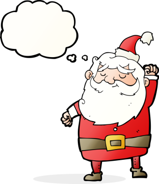 Bir insan tarafından çizilmiş düşünce baloncuğuyla havayı yumruklayan Noel Baba çizgi filmi.