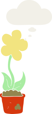 Bir insan tarafından çizilmiş düşünce baloncuğu olan sevimli bir karikatür çiçeği.