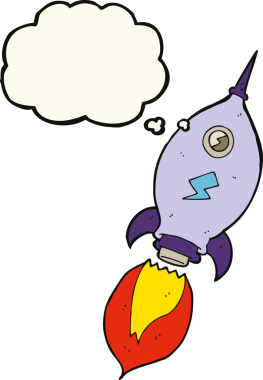 Bir insan tarafından çizilmiş düşünce baloncuklu bir uzay gemisi.