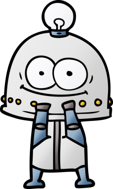 Bir insan tarafından çizilmiş ampullü mutlu karton robot.