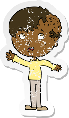 İnsan tarafından çizilmiş kafasında büyüyen bir çizgi film karakterinin gerilimli retro yapıştırması.