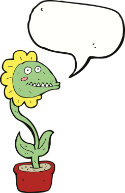 Bir insan tarafından çizilmiş konuşma balonlu canavar bitkisi.