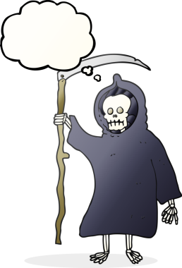 Serbest çizim düşünce balonu karikatürü bir insan tarafından çizilmiş ürkütücü ölüm figürü