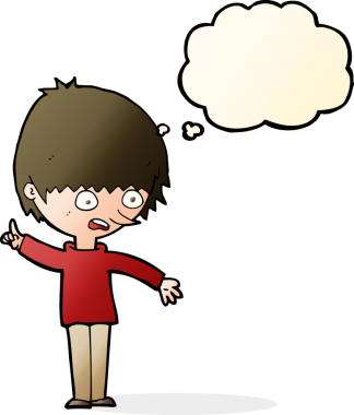 Bir insan tarafından çizilmiş düşünce baloncuğuyla soru soran çizgi film çocuğu.