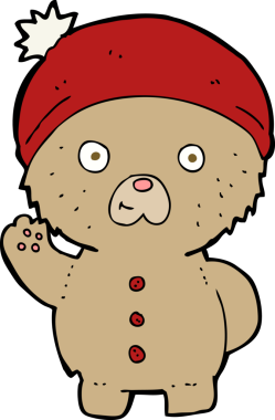 Bir insan tarafından çizilmiş kış şapkalı oyuncak ayıyı sallayan çizgi film.