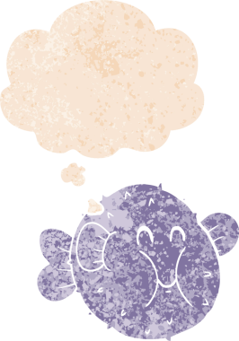 Düşünce baloncuklu çizgi film kirpi balığı grunge sıkıntılı retro dokuma tarzı bir insan tarafından çizilmiş