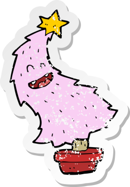 Bir insan tarafından çizilmiş dans eden bir karikatür yılbaşı ağacının gerilemiş etiketi.