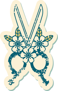 Bir insan tarafından çizilmiş berber makasının ve çiçeklerin sembolik dövmesi.