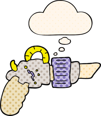 Çizgi roman tarzında bir insan tarafından çizilmiş düşünce baloncuklu bir ışın tabancası.