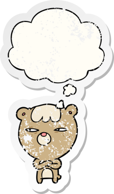 Düşünce baloncuğu olan kızgın çizgi film ayısı insan tarafından çizilmiş yıpranmış bir çıkartma gibi.