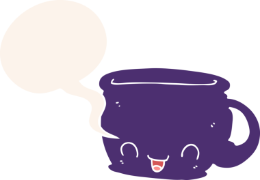 bir insan tarafından çizilmiş, konuşma baloncuklu bir kahve fincanı.