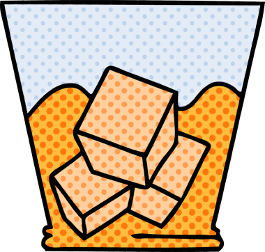 Çizgi roman tarzı tuhaf bir çizgi film. Viski ve buz bir insan tarafından çizilmiş.