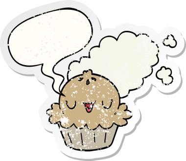 Konuşma baloncuğu olan şirin bir çizgi film pastası bir insan tarafından çizilmiş sıkıntılı eski bir çıkartma.