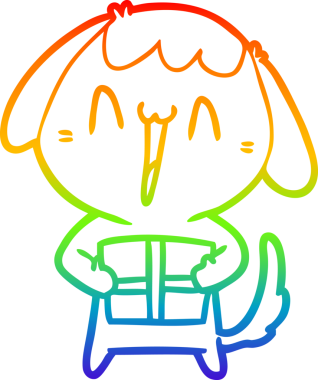 Gökkuşağı gradyan çizimi. Bir insan tarafından çizilmiş Noel hediyeli şirin bir çizgi köpek çizimi.