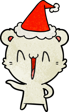 Gülen kutup ayısının eli insan tarafından çizilmiş Noel Baba şapkası çizilmiş.