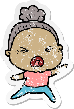 Bir insan tarafından çizilmiş kızgın yaşlı bir kadının sıkıntılı çıkartması.