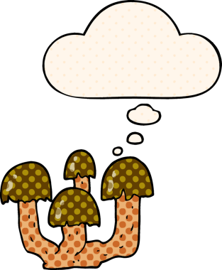 Çizgi roman tarzında bir insan tarafından çizilmiş düşünce baloncuklu mantarlar.