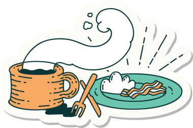 Bir insan tarafından çizilmiş dövme stili kahvaltı ve kahve çıkartması.