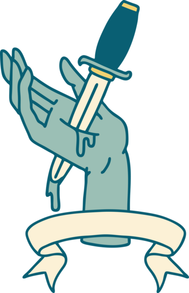 Geleneksel dövme, insan eliyle çizilmiş bir hançer sancağıyla.