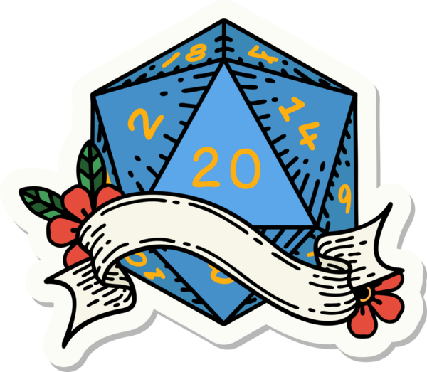 Bir insan tarafından çizilmiş 20 D20 zarının çıkartması.