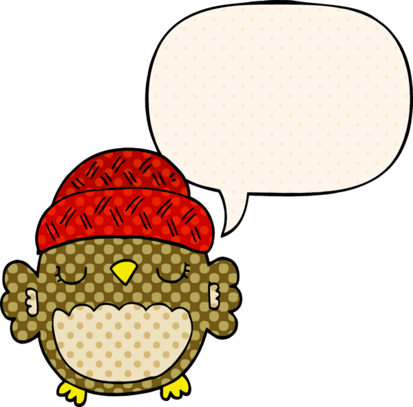 Bir insan tarafından çizilmiş çizgi roman tarzında konuşma balonu olan şapkalı sevimli bir baykuş.