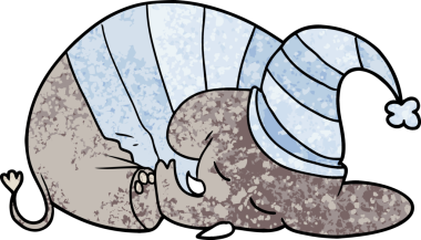 Bir insan tarafından çizilmiş pijamalı uyuyan fil çizgi filmi.