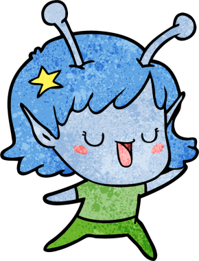 Bir insan tarafından çizilmiş mutlu uzaylı kız çizgi filmi.