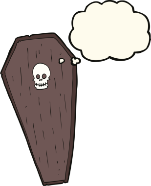 Bir insan tarafından çizilmiş düşünce baloncuklu ürkütücü karikatür tabut.