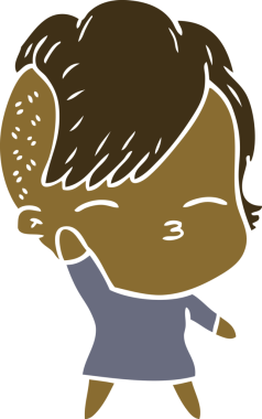 Düz renkli çizgi film çizen kız bir insan tarafından çizilmiş.