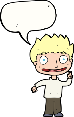 Bir insan tarafından çizilmiş konuşma balonu olan mutlu bir çocuk.