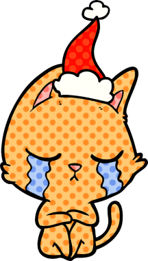 Ağlayan el çizimi çizgi roman tarzı Noel Baba şapkası takan bir kedinin bir insan tarafından çizilmiş resmi.